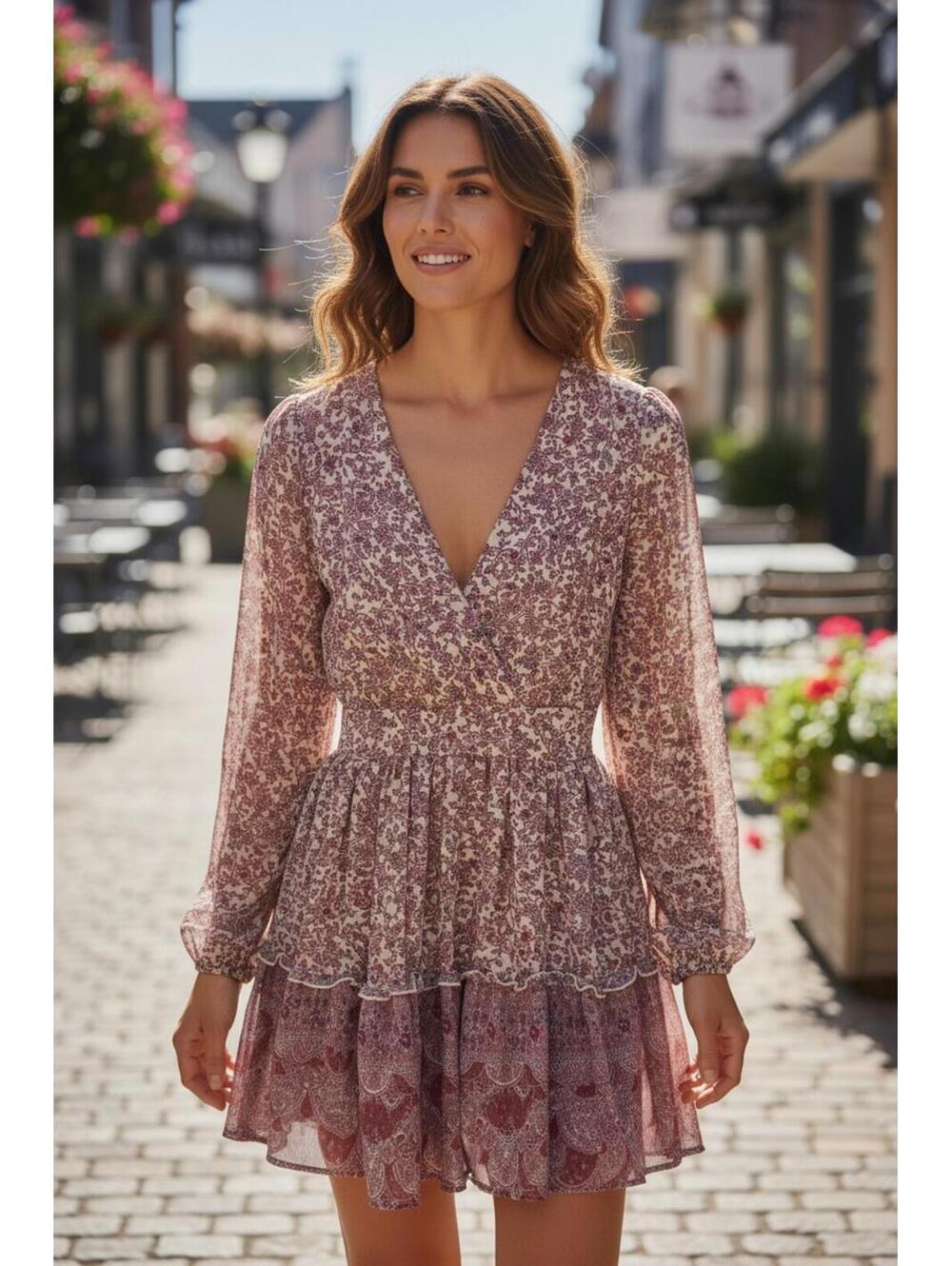 Japna Floral Print Long Sleeve Tiered Mini Dress Sizeβ Small